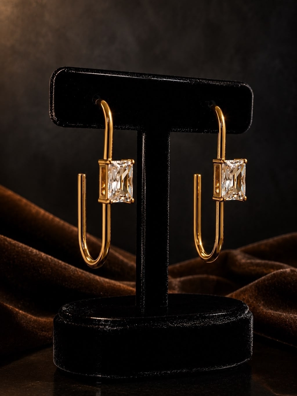 Gold-Tone Hoop Earrings with Clear Emerald-Cut Crystals